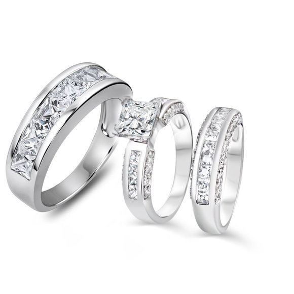 Real 925 His Hers Wedding Engagement Ring Set - Picture 4 of 7
